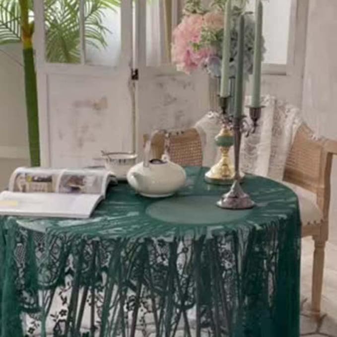 Vintage 60 inch Green Lace Tablecloth Floral Embroidered Boho Shabby Chic Small - Image 5