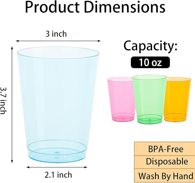 DaYammi 100 Pack Colorful Plastic Cups 10 Oz Disposable Cups Neon Glowing - Image 8