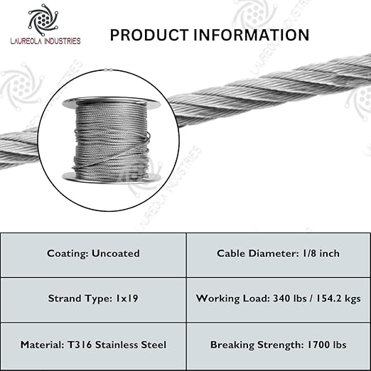 Laureola 1/8" Type-1x19 Grade-316 Stainless Steel Cable Railing Wire Rope - - Image 4