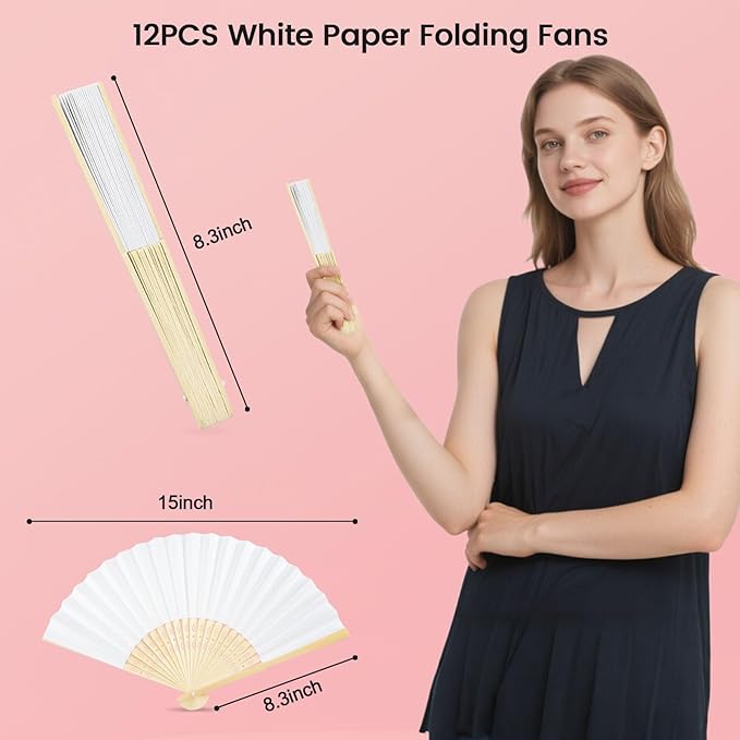 JOHOUSE 12 Pcs White Paper Fans Handheld – 8.3 Inch Foldable Hand Fan, Folding - Image 2