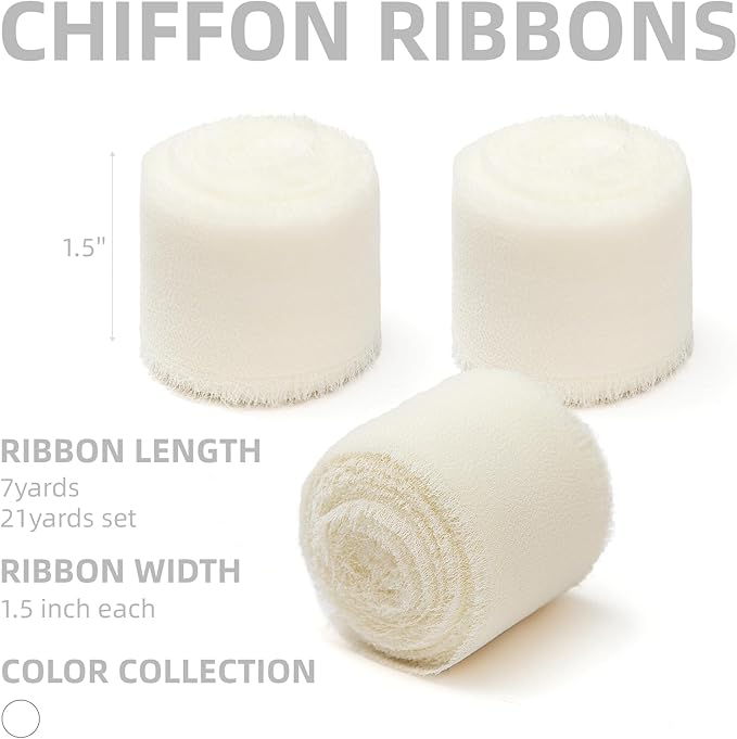 3 Rolls Cream White Handmade Chiffon Ribbon, 1.5" x 21Yd Frayed Fringe Silk - Image 2