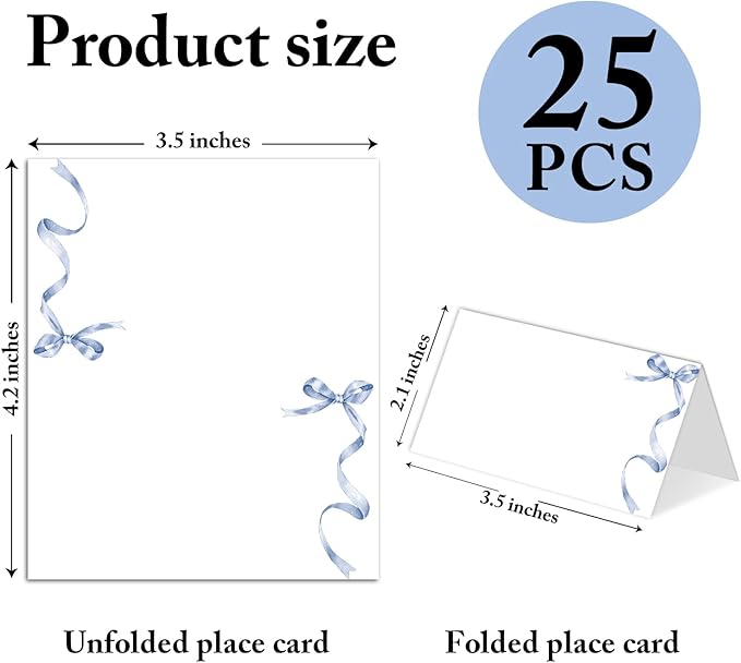 25 Pack Blue Bow Place Cards, Editable Name Cards - Image 2