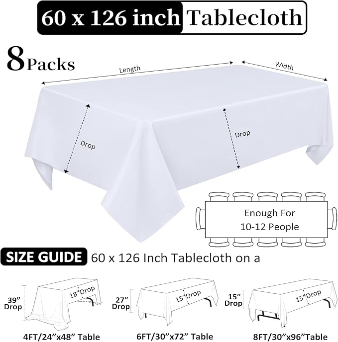 8 Pack White Table Cloth 60 x 126 Inch Rectangular Tablecloths - Image 2
