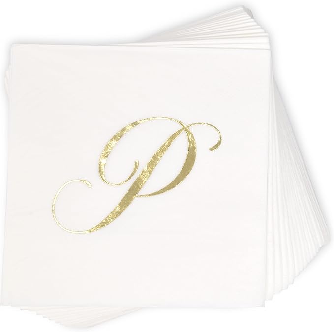 Gift Boutique - 100 Gold Monogram Cocktail Napkins Letter P Disposable Paper - Image 2