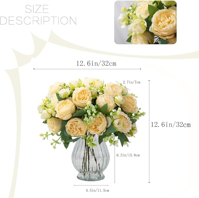Artificial Peonies Silk Flowers in Glass Vase Faux Flowers Bouquets Modern - Image 3