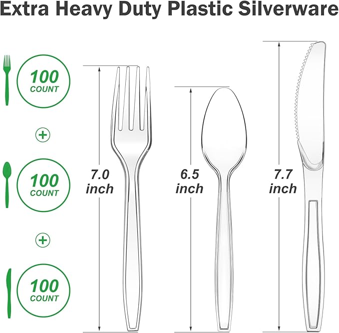 300 Count Extra Heavy Duty Clear Plastic Silverware, 100 Forks, 100 Spoons - Image 2