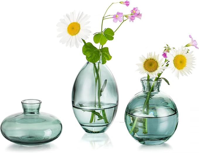 Glass Bud Vases Set of 3, Hewory Cute Green Small Vases Handmade, Mini Glass by Hewory