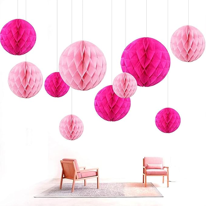 CC wonderland zone 12pcs Pink Paper Honeycomb Balls, Hanging Tissue Pom poms - Image 4