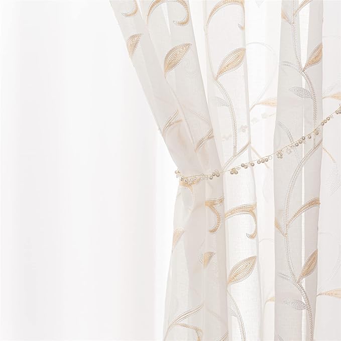 VISIONTEX White Sheer Voile Curtains, Decorative Beige Leaves Embroidery Faux - Image 6
