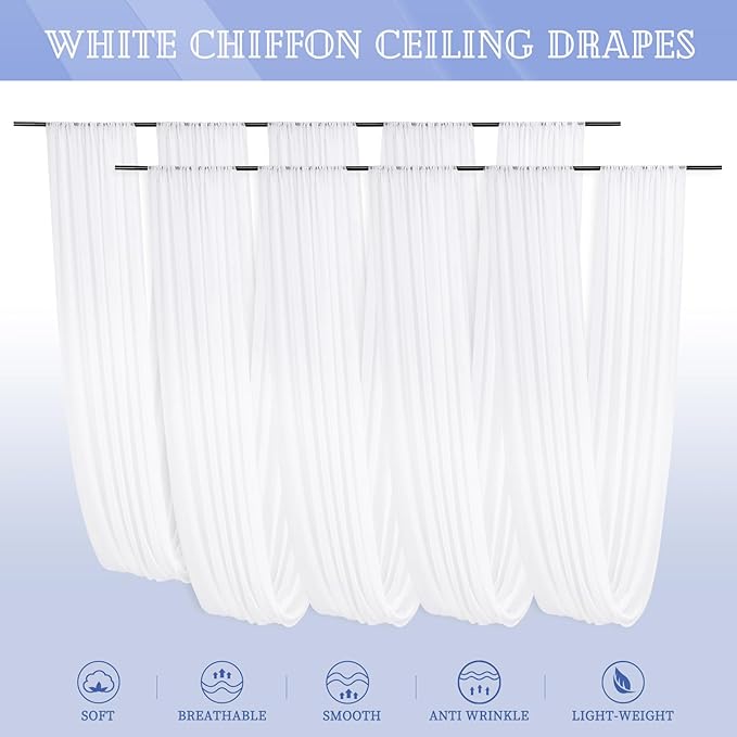 8 Panels White Ceiling Drapes for Wedding 5ftx40ft Sheer Drapery Chiffon Fabric - Image 7