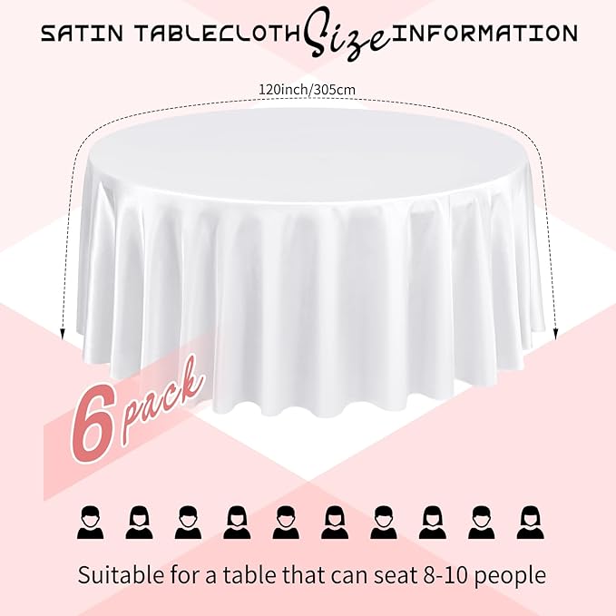 6 Packs Satin Tablecloth 120 Inch White Round Table Cloth Silk Tablecloth - Image 2