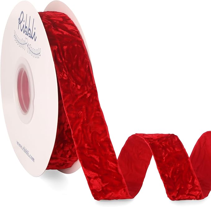 Ribbli Red Velvet Ribbon 1 Inches Luxury Crinkled Red Christmas Ribbon by Ribbli