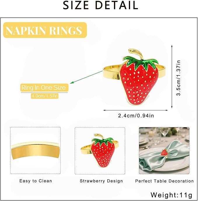 Gold Strawberry Napkin Rings Set of 8 Fall Fruit Napkin Ring Holders - Image 8