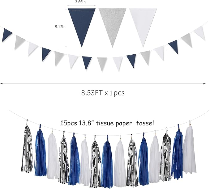 Navy Blue White Silver Party Decorations, Tassel Garland Banner Flowers - Image 2