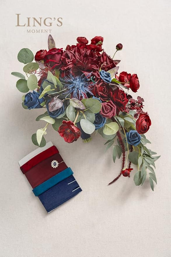 Ling's moment Navy Blue Burgandy Bridal Bouquet Cascading, Jewel Tone Wedding - Image 6