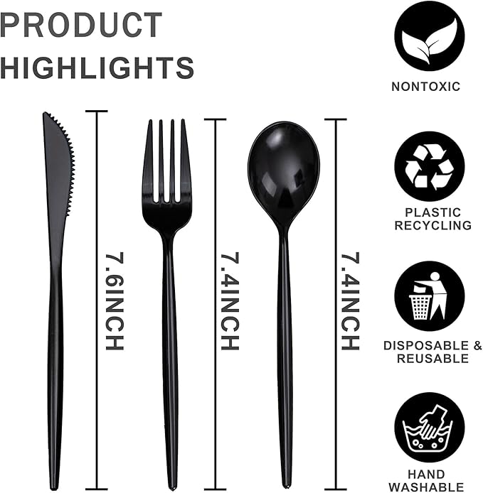 Rubtlamp 90Pcs Plastic Black Silverware, Plastic Utensils Heay Duty include 30 - Image 2