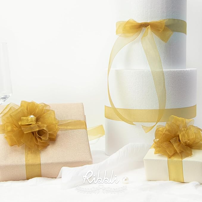 Ribbli Pale Gold Organza Ribbon, 1/2 Inches x Continuous 50 Yard, Cookie - Image 2