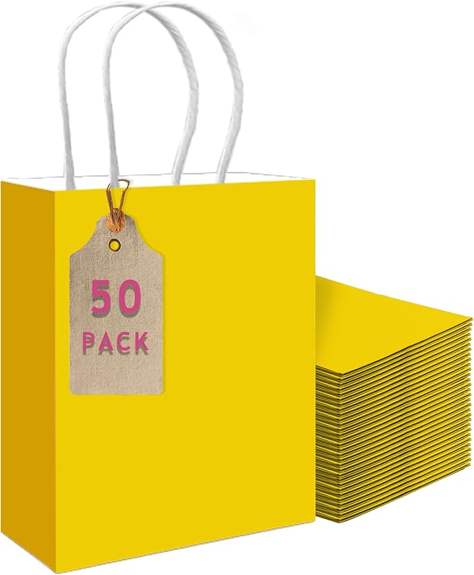 qiqee 50-Packs Bright Yellow Paper Gift Bags by Qiqee