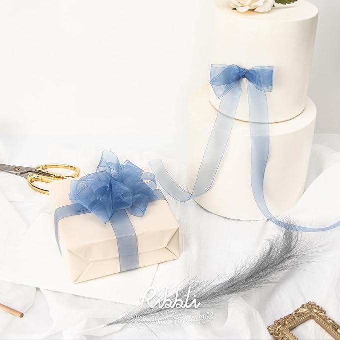 Ribbli Dusty Blue Organza Ribbon 1 Inches x Continuous 50 Yard Blue Sheer Ribbon - Image 3