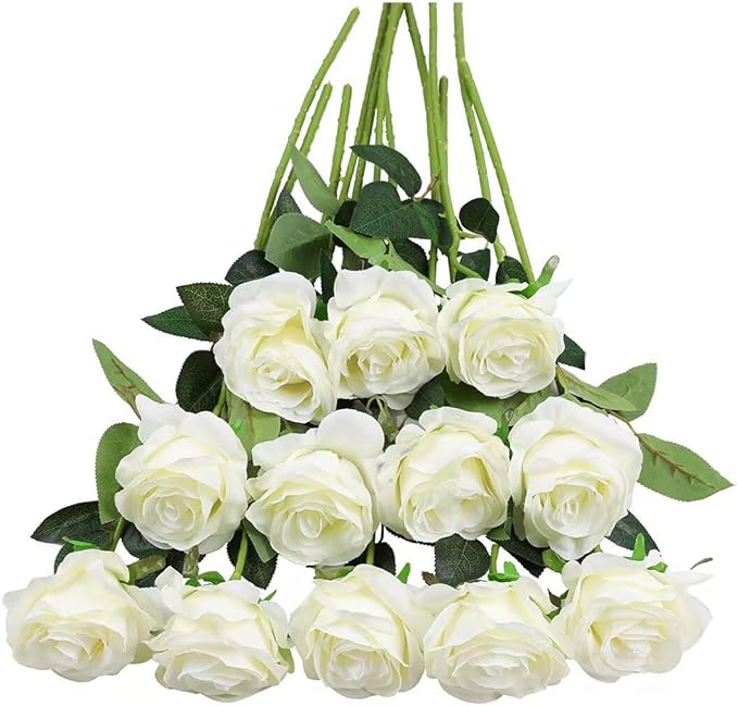 Tifuly White Roses Artificial Flowers -12 pcs Realistic Single Long Stem Fake by Tifuly