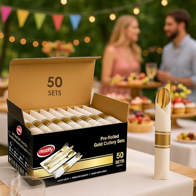 Neatiffy 50 Pack Gold Plastic Silverware Set, Pre Rolled Napkin and Cutlery Set - Image 4