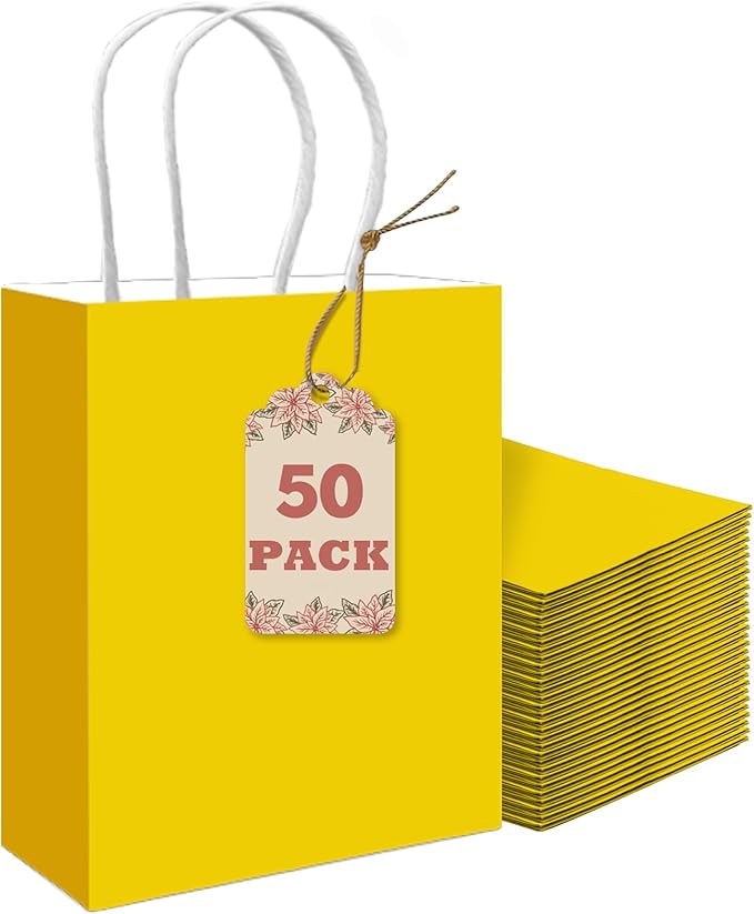 qiqee 50-Packs Gift Bag with Handles Bulk Bright Yellow Paper Bags Multiple Uses by Qiqee