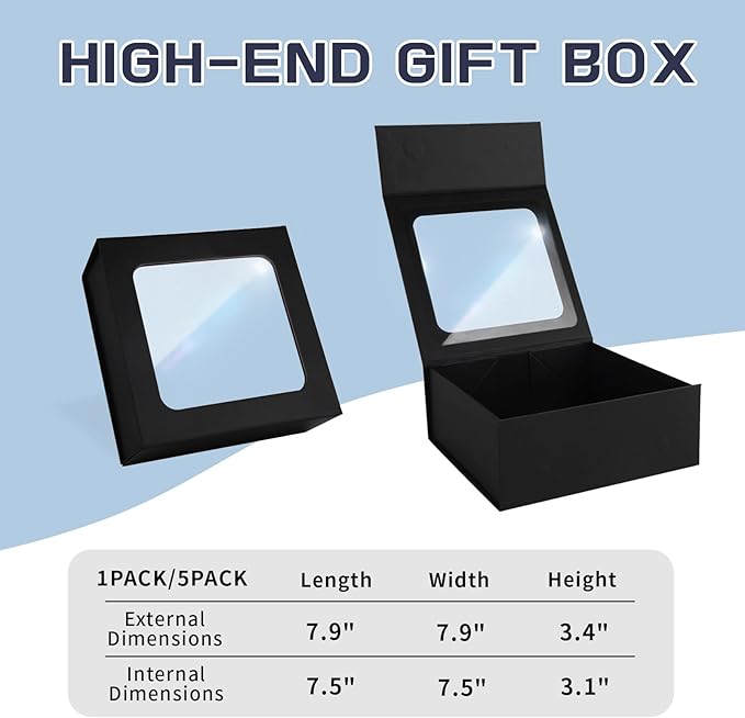 Black Gift Box with Window, 7.5"x7.5"x3.1" Bridesmaid Boxe - Image 2