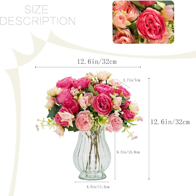 Artificial Peonies Silk Flowers in Glass Vase Faux Flowers Bouquets Modern - Image 4