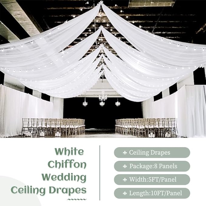 8 Panels White Wedding Ceiling Drapes 5ftx10ft Ceiling Drapes Chiffon Fabric - Image 2