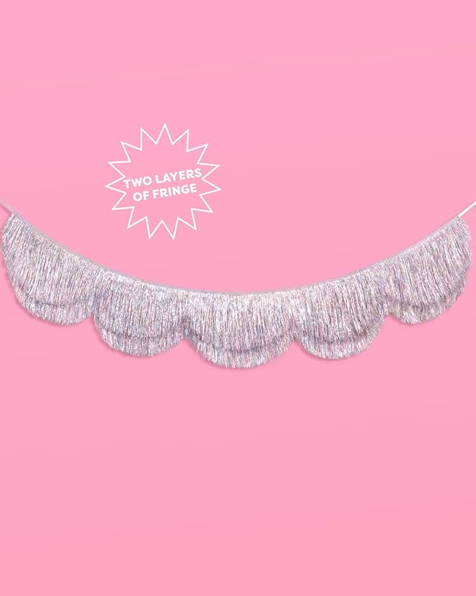 xo, Fetti Silver Iridescent Scalloped Fringe Banner - 6 Ft. | Bachelorette - Image 2