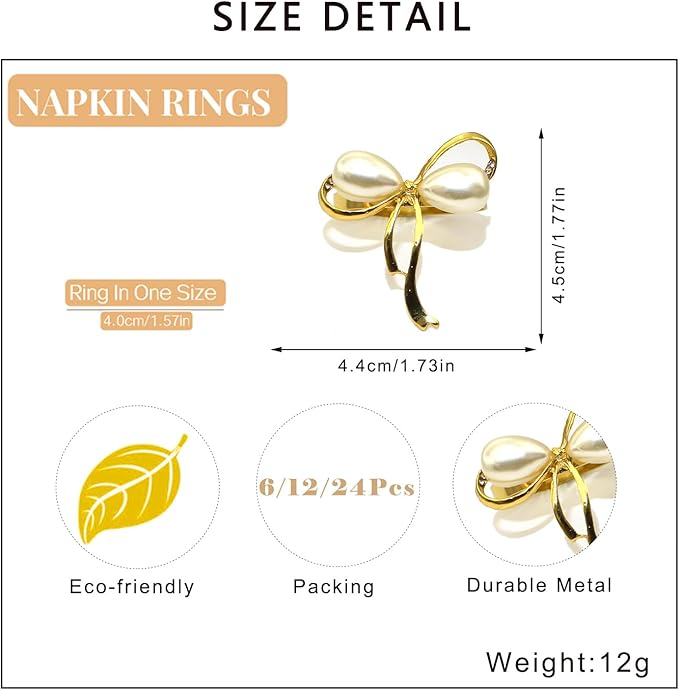 Gold Napkin Rings Set of 8 Pearl Bow Napkin Rings - Image 8