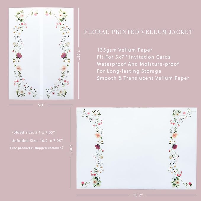 PONATIA 50PCS Vellum Jackets for 5x7 Invitation Cards- 135GSM Wild Flowers - Image 4