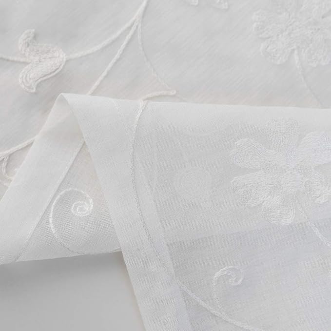 Sheer Curtains White 95 Inches Embroidered Floral, Window Treatments Rod Pocket - Image 5
