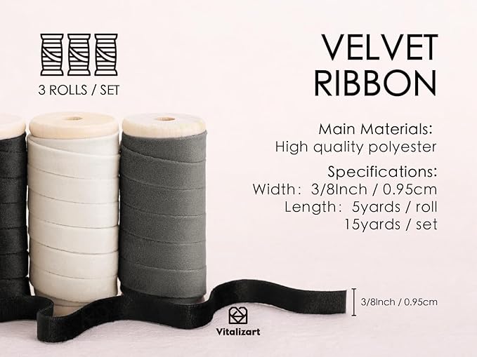 Vitalizart Velvet Ribbon Black White Set 3/8" x 15 Yd Wooden Spool Fabric Trim - Image 2