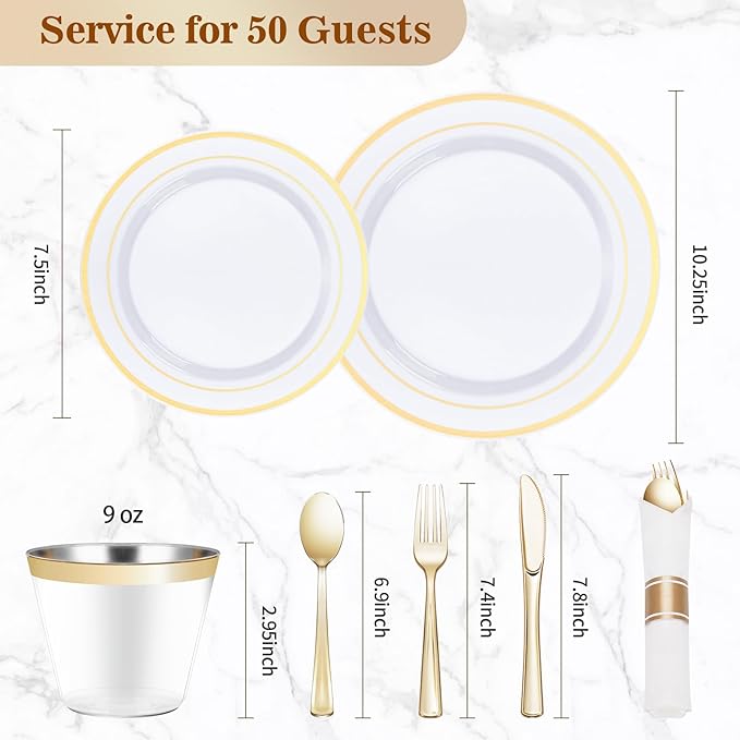 BESTVIP 350PCS Gold Plastic Dinnerware Set, Disposable Party Plates - Image 4