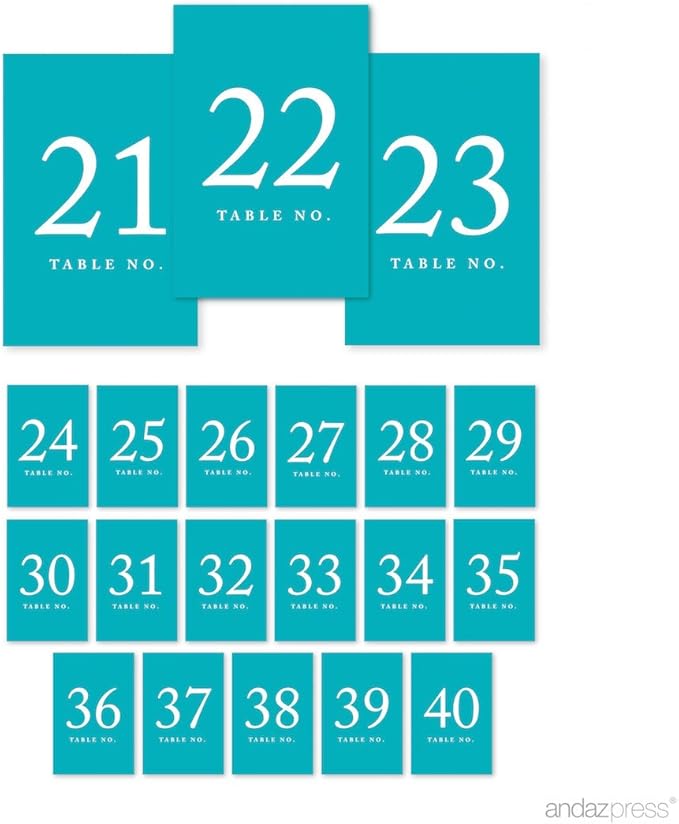 Andaz Press Aqua Turquoise Wedding Table Numbers 21-40, 4x6-Inches Table Number by AndazPress