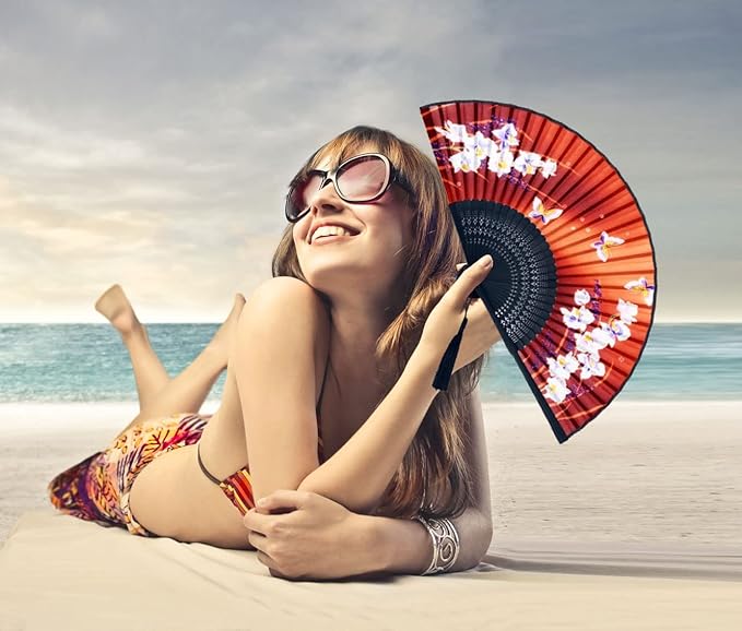 Amajiji Folding Hand Fan for Women, Chinese Japanese Vintage Style Bamboo Silk - Image 4