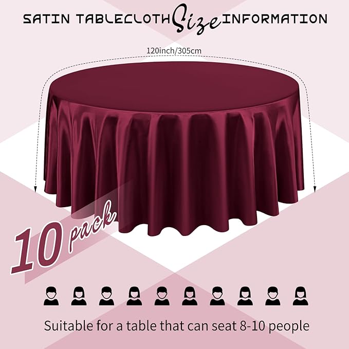 10 Packs Satin Tablecloth 120 Inch Burgundy Round Table Cloth Silk Tablecloth - Image 2