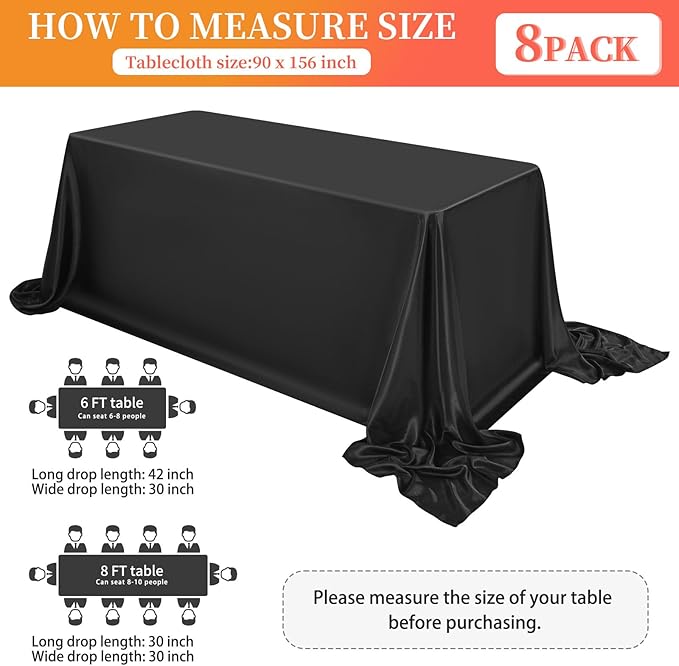 8 Pack Satin Tablecloth 90 x 156 Inch Black Rectangle Silky Satin Table Cover - Image 2