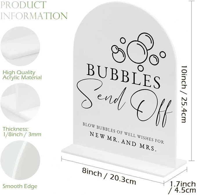White Arch Acrylic Wedding Sign- 8"x10" Bubbles Send Off Sign and Base - Image 2