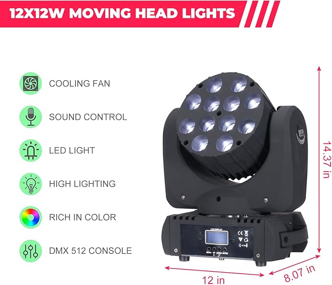 Moving Head Light Beam Wash 12x12W LED Stage Lighting RGBW 4in1 Professional - Image 7