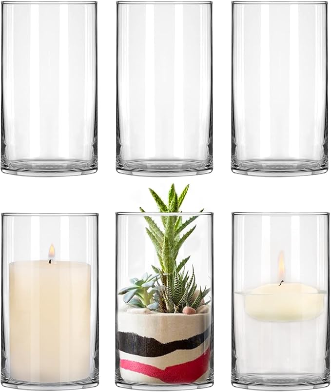 6 Pack Clear Glass Cylinder Vases, 6 Inch Flowers Vase, Floating Candle Holder by PINIWON