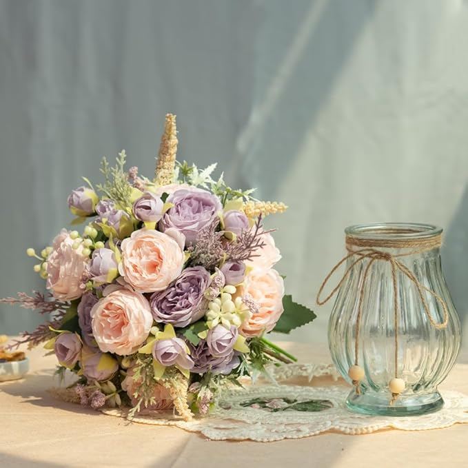 Artificial Peonies Silk Flowers Bouquet in Glass Vase Faux Flowers Bouquets by JARELING