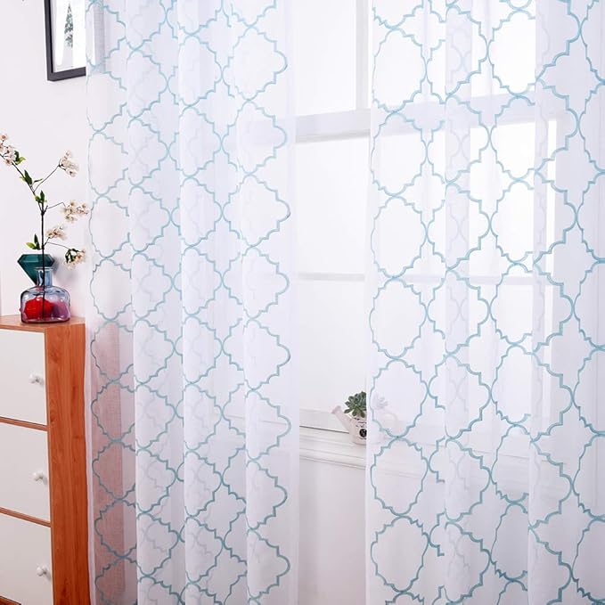 Blue Sheer Curtains 84 Inches Long, Moroccan Embroidered Rod Pocket Sheer Drapes by MYSTIC-HOME
