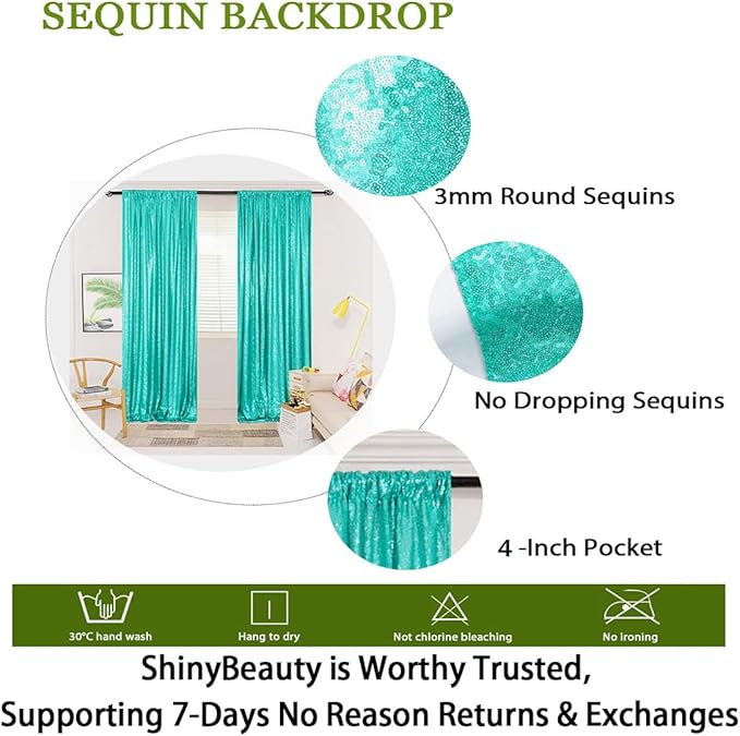 ShinyBeauty Sequin Backdrop 4x10ft Teal Sequin Curtains 2 Panels Wedding Drapes - Image 5
