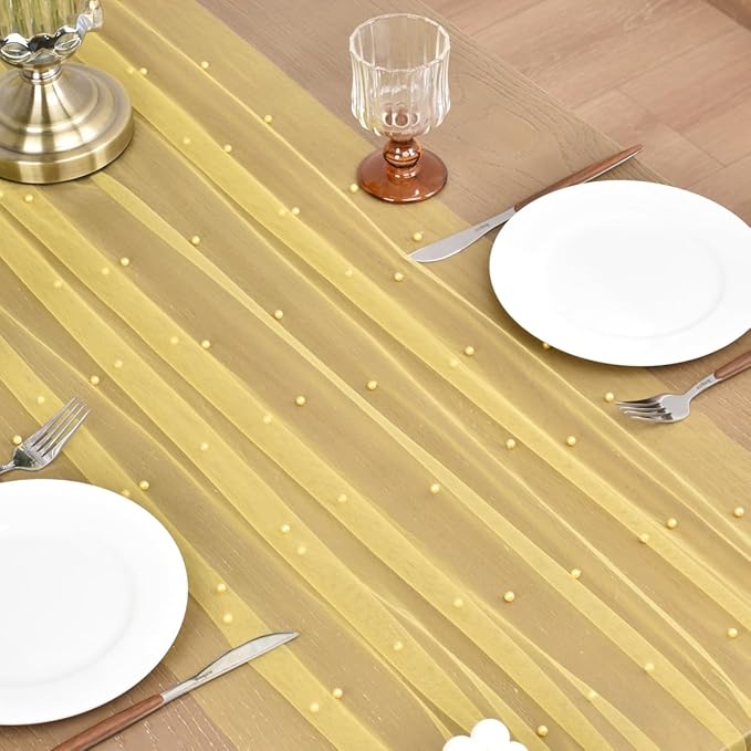 Joanlody Fall Pearl Table Runner 10ft Rustic Boho Tulle Table Runner - Image 4