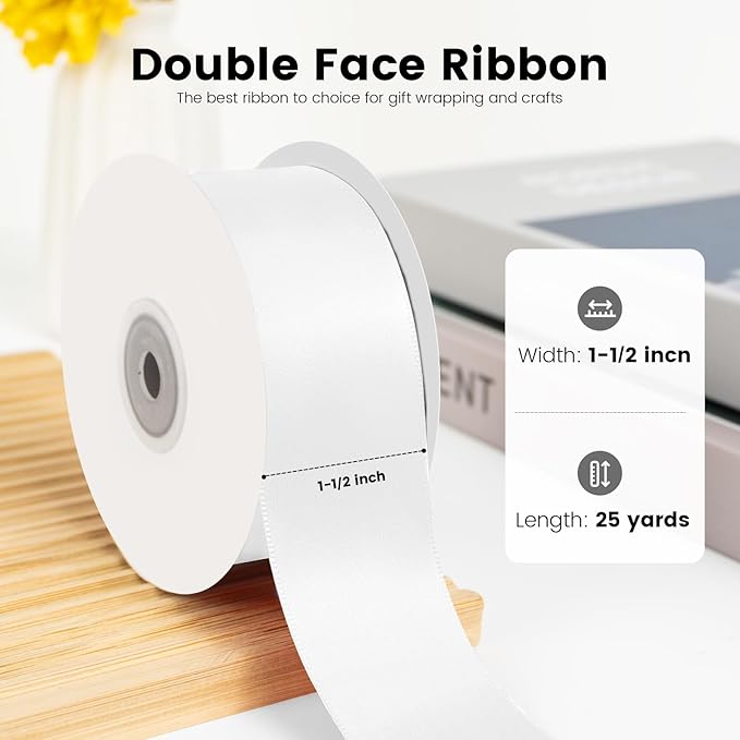 Double Face White Satin Ribbon 1-1/2 inch X 25 Yards Polyester White Ribbon - Image 2