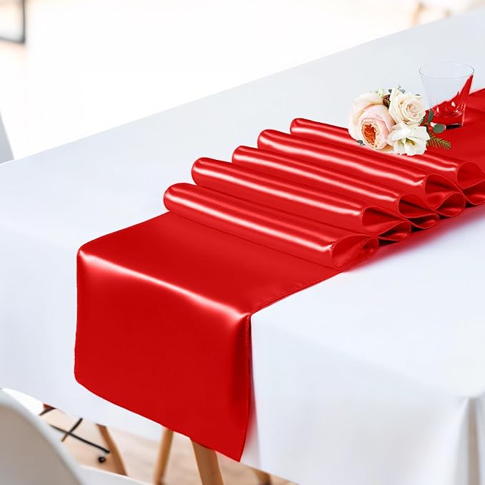 SHEJIZE 10 Pack Red Satin Table Runner 12x108 Inches Long, Bright Silky Smooth - Image 8
