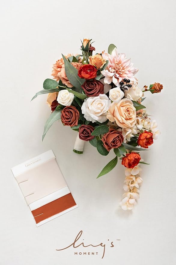 Ling's moment Terracotta Bridal Bouquet Cascading, 13 Inch Bride Bouquets - Image 9