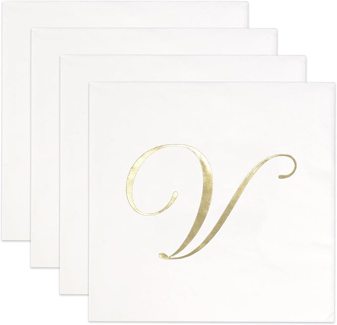 Gift Boutique 100 Gold Monogram Cocktail, Letter V Disposable Paper Pack - Image 6